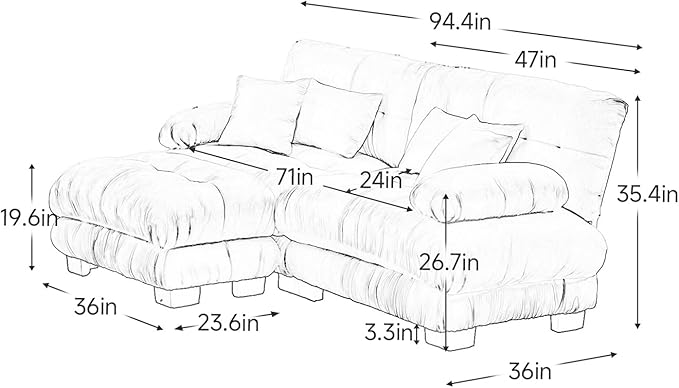 94.4" Loveseat Sofa, 2 Seater Modular Sectional Sofa, Green Large L Shaped Sectional Couches for Living Room, Fluffy Chenille Fabric Cloud Couch with Ottoman