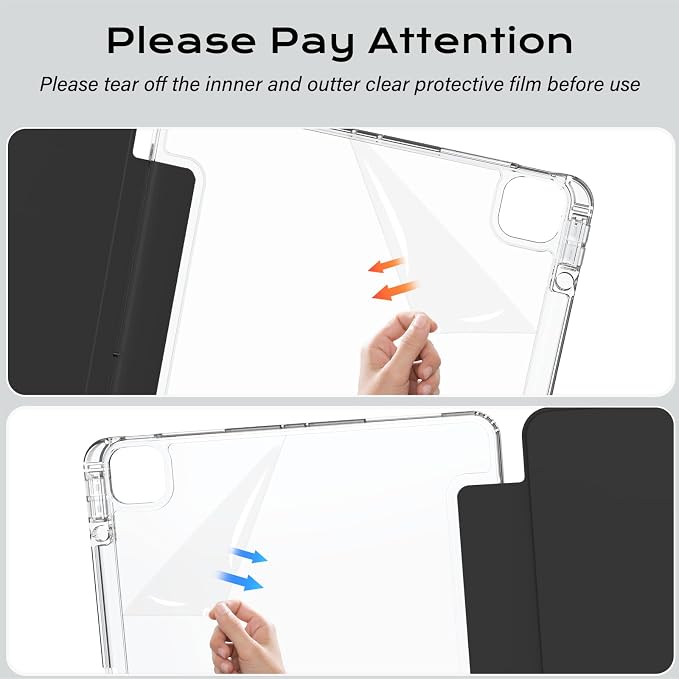 Clear Case for iPad Pro 12.9 inch 6th/5th/4th/3rd Gen with Y-fold &amp Trifold Stand Pencil Holder Support Pencil Charging [Auto Wake/Sleep] Lightweight Shockproof Hard PC Back Cover Black