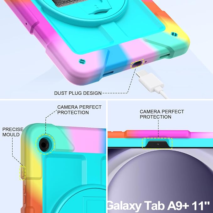 BMOUO for Samsung Galaxy Tab A9+ Plus Case 11 2023 (SM-X210/X216/X218) Shockproof Galaxy Tab A9 Plus Case with Rotating Stand and Hand/Shoulder Strap Black