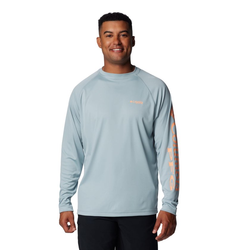 Columbia Men's PFG Terminal Tackle Long Sleeve Fishing Shirt, Crushed Blue/Bright Nectar Logo, 3X Tall