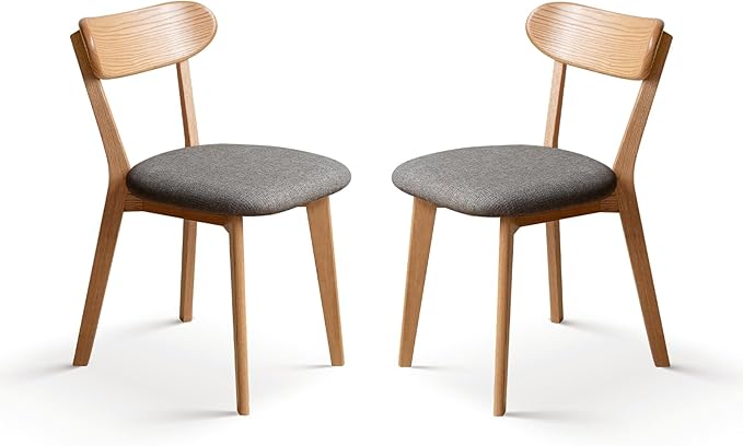 100% Solid Wood Upholstered Dining Chairs, Mid Century Modern Oak Dining Chairs with Curved Back with Butterfly Wing Shape for Kitchen, Dining Room, Restaurant (2PK, Log Color-Dark Gray Cushion)