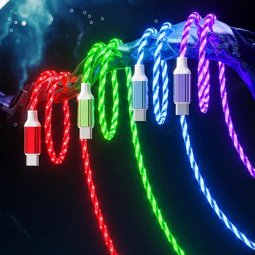 IHAO Multi Ports Light-Up USB Cable USBA to USBC/MicroUSB Cable Durable Fast Charging Cable with Visible Current Flow As Night Light Use-3in1 Blue