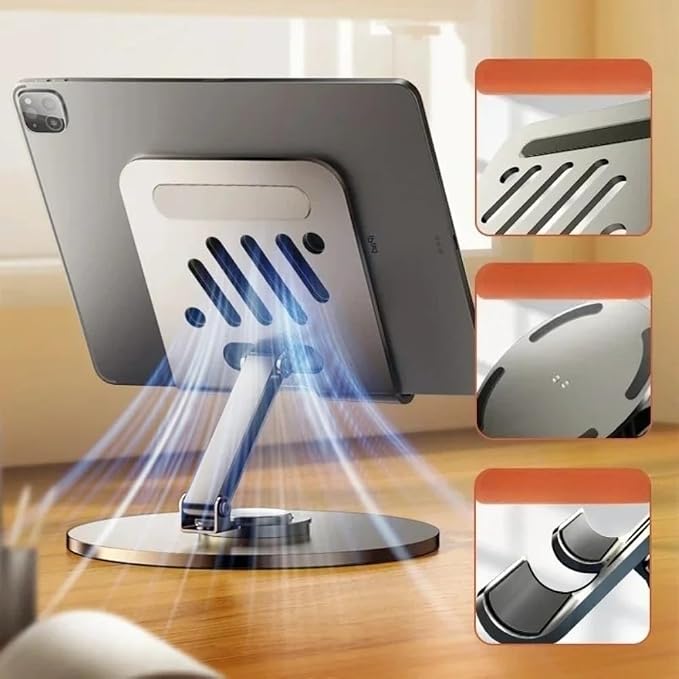 360° Rotation Adjustable Aluminum Alloy Foldable Tablet &amp Phone Stand Universal Desktop Mount for iPhone iPad (Black)