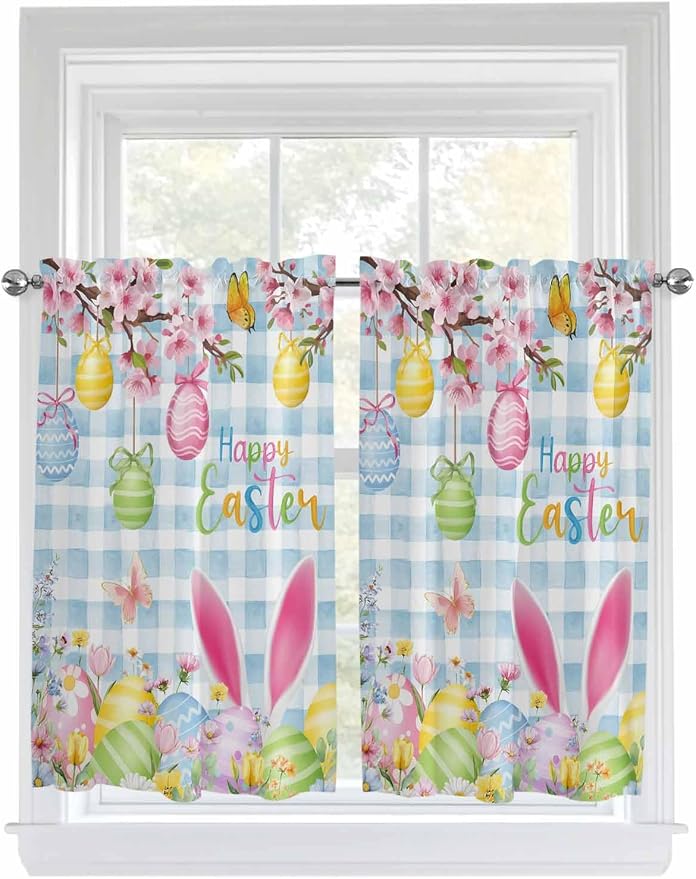 Happy Easter Tier Curtains 45 Inches Long, Spring Watercolor Bunny Eggs Flower