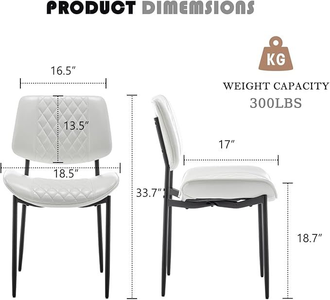 Modern Dining Chairs Set of 2, Leather Dining Chair with Metal Legs, Upholstered Dining Room Chairs for Dining Room, Kitchen, Vanity (White)