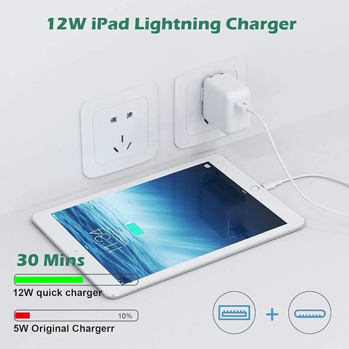 iPad ChargerFast Charge iPhone10FT i-Pad Charging Cord 12W i Pad Charger Fast Charging Block Foldable Portable Travel Plug with Extra Long Lightning Cable Cord Compatible with iPad/iPhone/Airpod