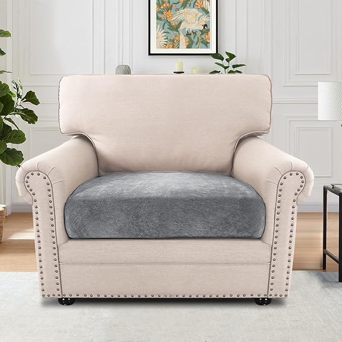 H.VERSAILTEX Sofa Cushion Covers Stretch Chenille Chair Covers Armchair High Stretch Chair Covers for Living Room Non Slip Chair Slipcover with Elastic Bottom(1 Seater Armchair Cushion Cover,Grey)