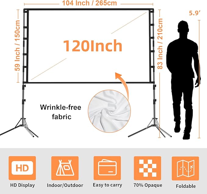 Projector Screen and Stand,GAINVANE 120 inch Portable Projector Screen Indoor Outdoor Projection Screen 16:9 4K HD Wrinkle-Free Light-Weight Movie Screen with Carry Bag for Backyard Movie Night