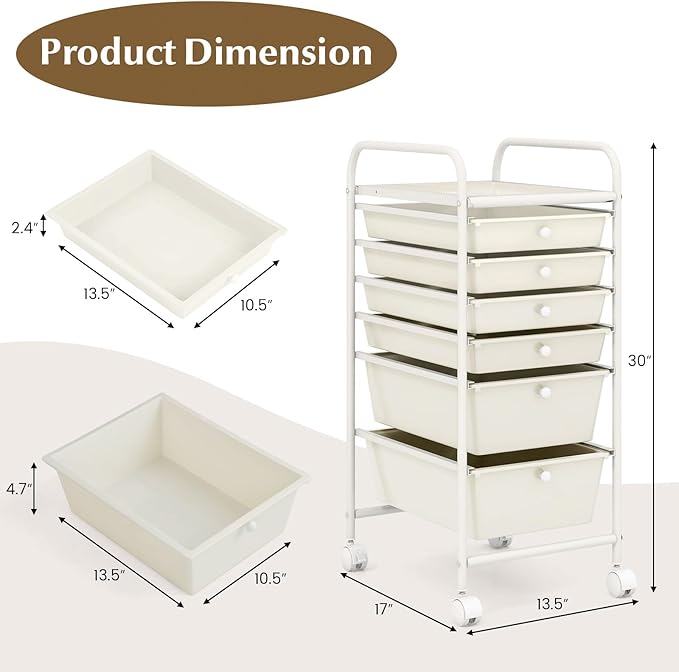COSTWAY 6-Drawer Rolling Storage Cart, Multifunctional Art Craft Tools Organizer on Wheels, Heavy Duty Utility Mobile Storage Trolley w/ 2 Lockable Wheels for Home Office School (White)