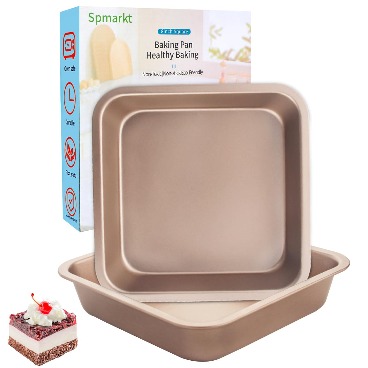 Spmarkt 2-Pack 8 inch Square Baking Pan, Non-Stick Square Cake Pan for Cakes Lasagna Brownies, 8x8 Baking Pan, Even Heating, Easy to Clean, Light Blue