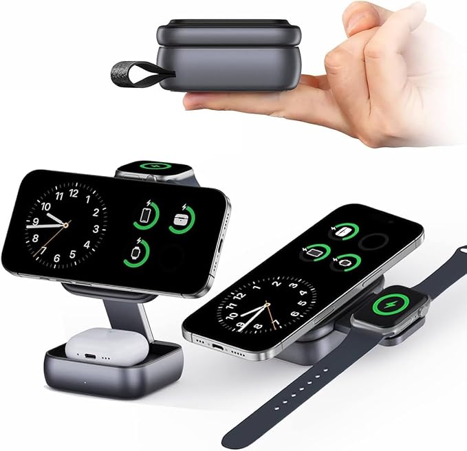 3-in-1 Foldable Wireless Charging Station - Magnetic Fast Charger Dock for 17/16/15/14/13 Ultra/10/9 AirPods Pro - Multi-Device Travel Stand