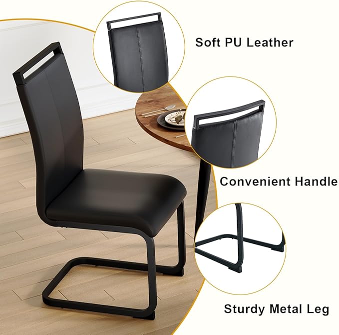 42"-54" Extendable Dining Table Set for 6, Oval Dining Table Set for 6, 0.73" Thick Wood Tabletop with Smooth Edge, Black Metal Leg with Non-Slip Footmat, 6 Soft PU Chairs, for Kitchen, Small Space