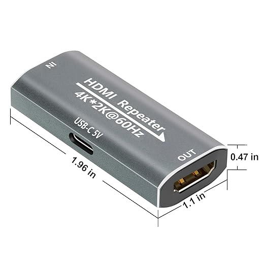 HDMI Booster Repeater 4K@60Hz for 80FT, HDMI Extender Female to Female Amplifier Signal Booster Plug & Play, for Gaming/Home Theater/Video Meeting/TV with USB-C Power Supply Port(Grey)