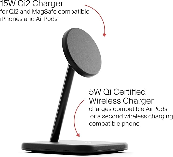 Twelve South HiRise 2 Deluxe 2-in-1 Wireless Charging Station for Apple Devices - Qi2 MagSafe Charger, Fast Wireless Charger Stand for iPhone 15 14 13 12 Pro & Max Series, AirPods Pro/3/2, Black