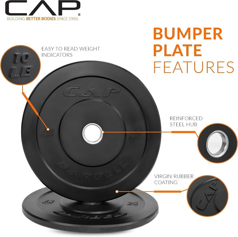 CAP 260 lb Elite Olympic Bumper Plate Set with Storage Rack, 2-Inch Olympic Plates, Medium Bounce Rubber Weight Plates with Stainless Steel Hub, 6 Weight Posts & 4 Barbell Holders for Weightlifting, Strength Training & Home Gym Workouts