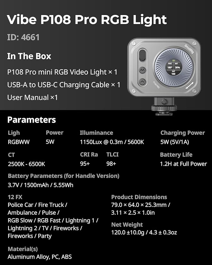 SMALLRIG Vibe P108 Pro RGB Video Light, Portable Led Camera Light for Photography, Cold Shoe Light, CRI95+, 2500-6500K, 12 Effects, Fill Light Accessories for Content Creator, Streaming