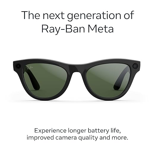 Ray-Ban Meta (Gen 2), Skyler, Shiny Black | Smart AI Glasses for Men, Women — 2x Battery Life — 3K Ultra HD Resolution — 12 MP Ultra-Wide Camera, Audio, Video — Green Lenses — Wearable Technology