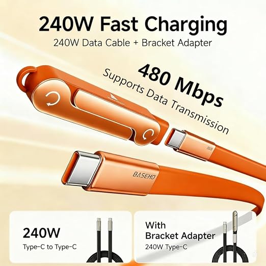 SIDEWAY Phone Charger 240W Silicone Cable with Detachable Stand - Universal Type-C 90° Angle 480Mbps Data Transfer Speed(balck)