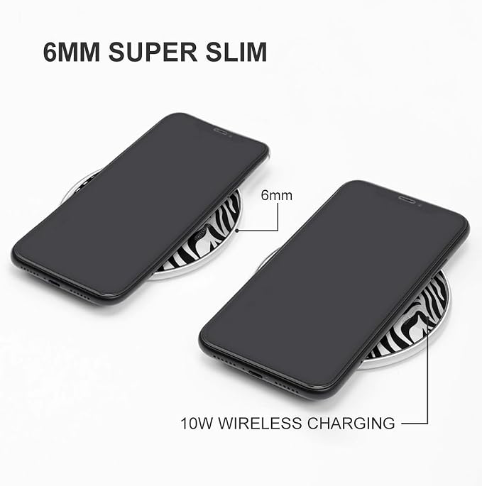 Zebra Print Wireless Charger Aluminum Alloy Frame 10W Fast Charging Pad with Indicator Light 6mm Thin &amp Portable Wireless Charging Pad for Travel Home Office Desk