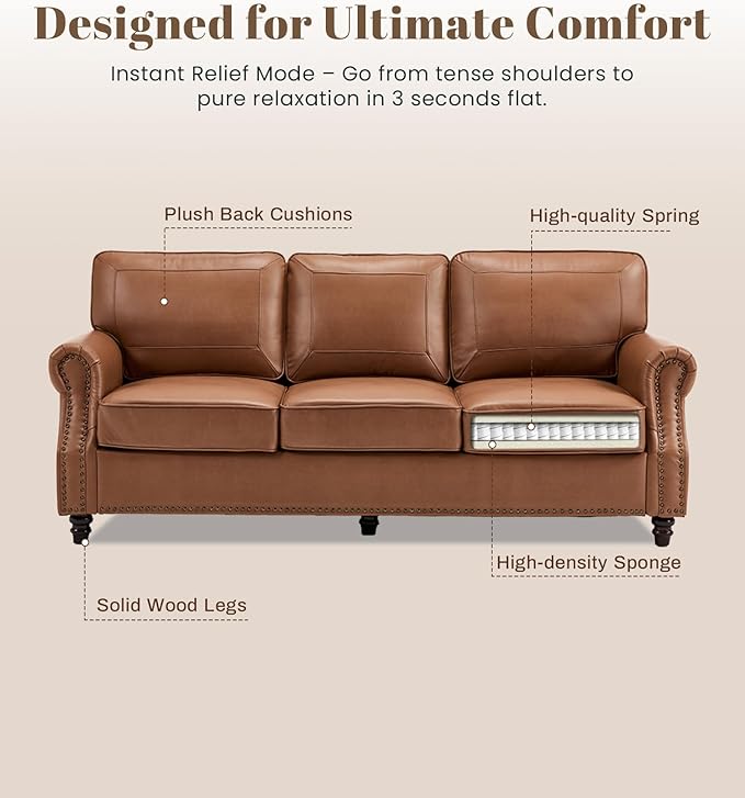 WILLOVE 79'' Faux Leather Sofa, Classic 3 Seater Leather Couch with Rolled Arm and Nailhead Trim, Mid-Century Modern Couch for Living Room, Apartment, Easy to Install, Brown