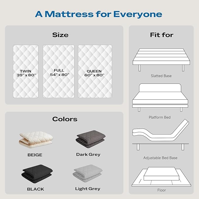 Aircliff Japanese Floor Mattress, Roll Up Tatami Mat, Sleeping Pad, Shikibuton, CertiPUR-US Certified Foam Floor Bed Futon Mattress for Dormitory, Guest Bed, Designed in Japan(Light Grey, Twin)