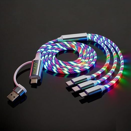 IHAO Multi Ports Light-Up USB Cable USBA to USBC/MicroUSB Cable Durable Fast Charging Cable with Visible Current Flow As Night Light Use-3in1 Blue