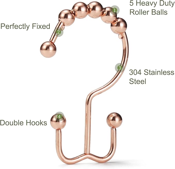 Shower Curtain Hooks, Goowin Shower Curtain Rings, Stainless Steel Shower Curtain Hooks Rust Proof Free Sliding Double Shower Hooks for Curtain, Shower Curtains & Liners (Rose Gold)