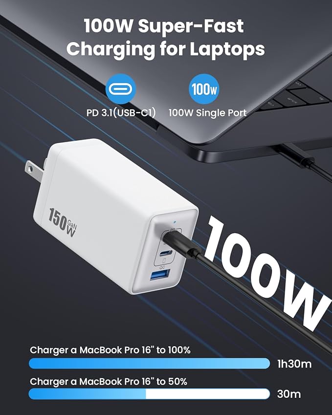 150W USB C Charger BlockGaN III Compact Foldable Wall Charger 3 Port Fast Charging StationPD QC PPS Portable USB C Hub 100W Laptop Adapter for MacBook Pro/AiriPadiPhone 17/ProGalaxy S24Dell etc