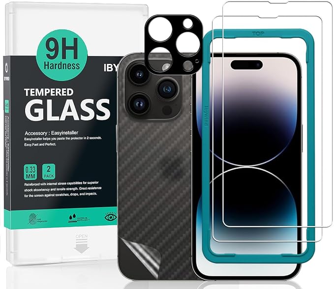 Ibywind 2 Pack Screen Protector For Apple iPhone 15 5G 6.19H Hardness Tempered GlassWith 1Pc Camera Lens Protector1Pc Back Carbon Fiber Film