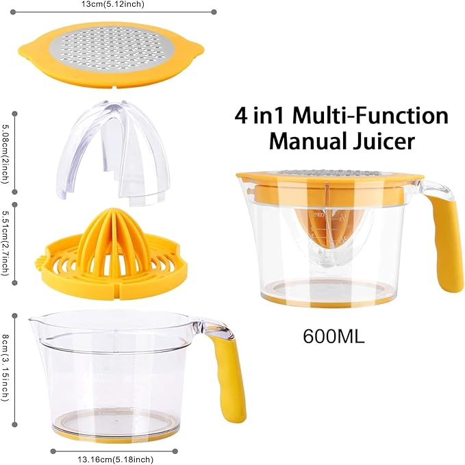 Drizom Citrus Lemon Orange Juicer Manual Hand Squeezer, Fruit Juicer Lime Press with Built-in Measuring Cup and Grater and Egg separator, Non-Slip Silicone Handle, 20OZ