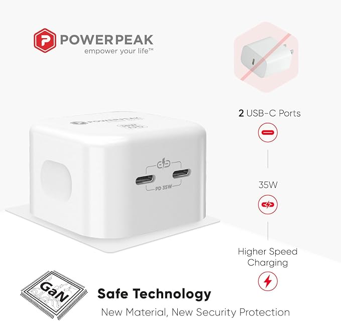 Fast Charger 35w Wall Charger Dual Port GaN Charger Technology 2 USB-C Ports White