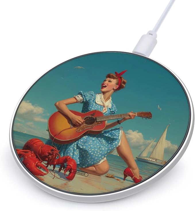 Lobster Beach Woman Guitar Wireless Charger SlimWireless Charging Pad Anti-Slip Charger Mat for Men Women