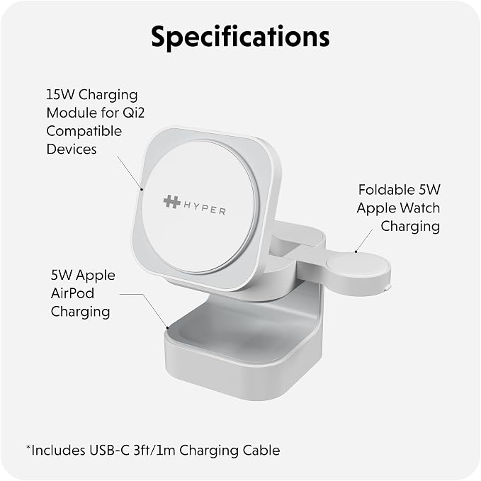HyperJuice 3-in-1 Wireless Charger Qi2 Magnetic Stand — Fast Charger for iPhone Apple Watch Airpods &amp Qi Compatible Devices — Compact and Adjustable 3 in 1 Design