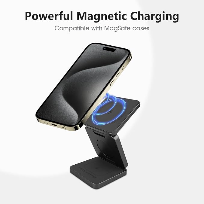 Fold 'N Style 3-in-1 Foldable Magnetic Wireless Charging Stand 15W Fast Charger Compatible with iPhone 15/14/13/12 Pro/Max/Plus Apple Watch AirPods Samsung Galaxy/Note Multi Modes