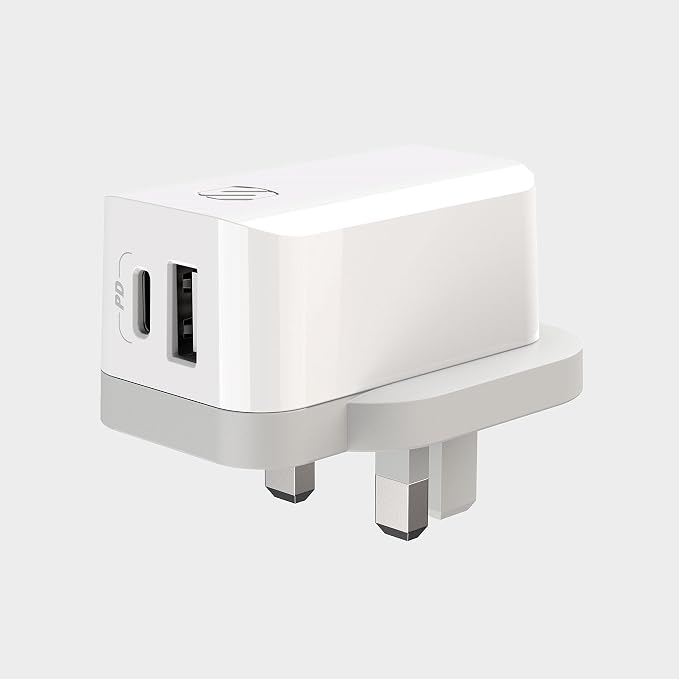 Scosche HPDCA32UK PowerVolt 32W Certified USB Type-C + USB Type-A UK Quick Wall Charger Power Delivery 3.0 for All USB-C and USB-A Devices in White