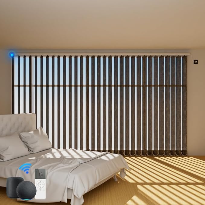 Blindify Motorized Vertical Blinds Compatible with Alexa Google Home, Light Filtering Sliding Door Shades Smart Vertical Blinds Remote Control Customize, Brown