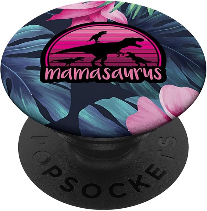 Mamasaurus Floral - 3 Kids Retro Funny Gift For Mother Case PopSockets Adhesive PopGrip