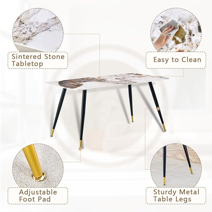Modern Dining Set for 6, Sintered Stone Table Top, White Chairs, 62'' W x Unknown H x D, Dining Room