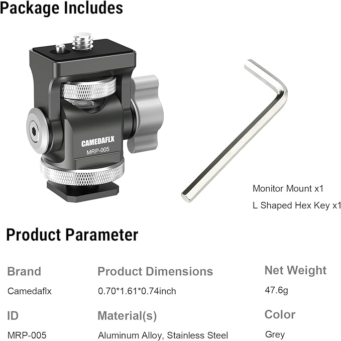 CAMEDAFLX Tilt Adjustable Camera Monitor Mount,Swivel Field Monitor Holder with Cold Shoe Mount 1/4"-20 Screw for 5” and 7”Monitor(Grey).