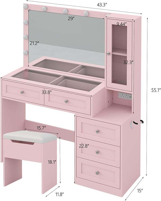 43" W Vanity Desk with Mirror & 11 Lights, 5 Drawer Modern Makeup Desk with Glass top & Cushioned Stool, 3 Lighting Modes Brightness Adjustable,Power Outlet,Bedroom，Pink