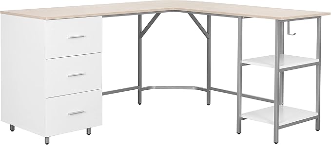 Techni Mobili L Shaped Desk - Two-Toned Computer Desk with Drawers & Storage Shelves - Simple Modern Furniture & Home Office Space Corner Table for Work & Writing