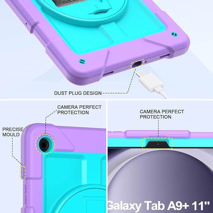 BMOUO for Samsung Galaxy Tab A9+ Plus Case 11 2023 (SM-X210/X216/X218) Shockproof Galaxy Tab A9 Plus Case with Rotating Stand and Hand/Shoulder Strap Black