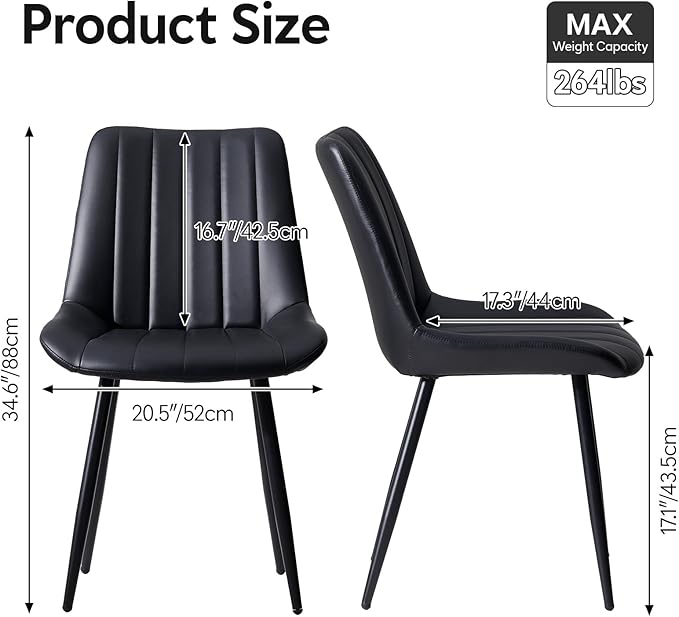 Dining Chairs Set of 2, Faux Leather Modern Linear Design Dining Chair with Metal Legs, 16.9" Seat Width Chair for Kitchen, Lounge, Reception Room, Restaurant, Commercial (Black)