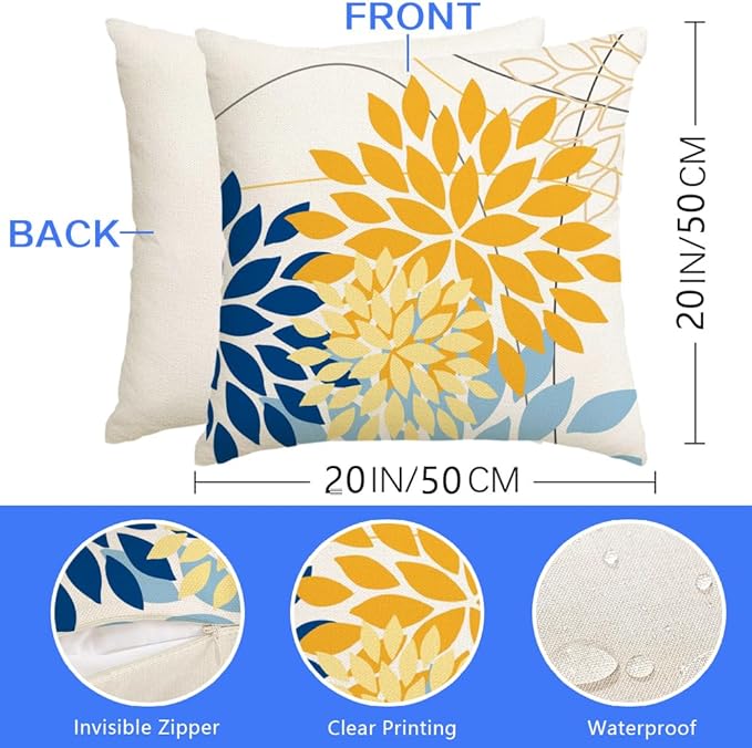 RABUSOFA Outdoor Pillow Covers 20x20 Inch Set of 2 Yellow Blue Flower Decorative Waterproof Spring Summer Floral Outdoor Cushion Covers for Patio Funiture Garden Couch Decor