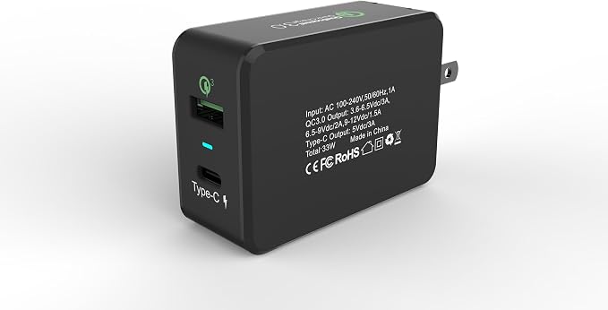 Professional 33W QC 3.0 Compatible with Amazon Fire HD 10 2023/Fire HD 10 Plus 2021/ Fire HD 10 2021 Quick Adaptive Fast Charge 3.0 with Folding Blade Plus Both MicroUSB/Type-C Cables [Black/UL Certif