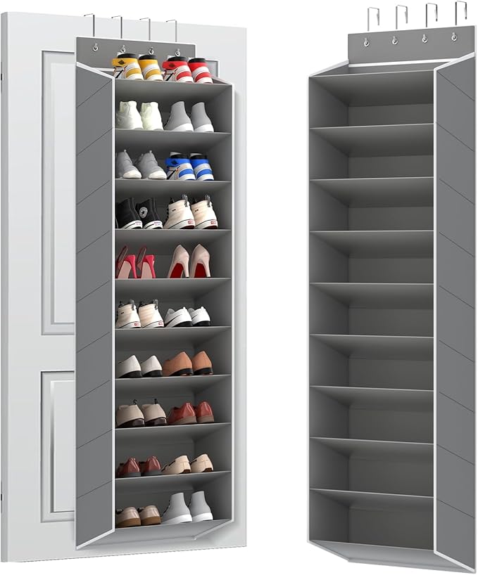 REGELETO 10 Tiers Large Size Over Door Shoe Organizer Storage, Hanging Shoe Rack for Door with Deep Pockets, Fit 20-30 Pairs Shoe Organizer Holder for Sneakers and Boots (Grey)