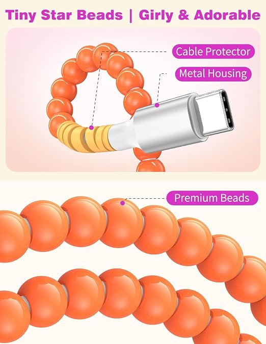 Jelanry 3FT USB-A to USB-C Fast Charging Cable Beaded &ampData Sync Women Girl | Cute kawaii beaded cable for iPhone 17/16/15 Samsung S26/S25/S24 Pixel iPad Fast charge for daily use office &amp tra
