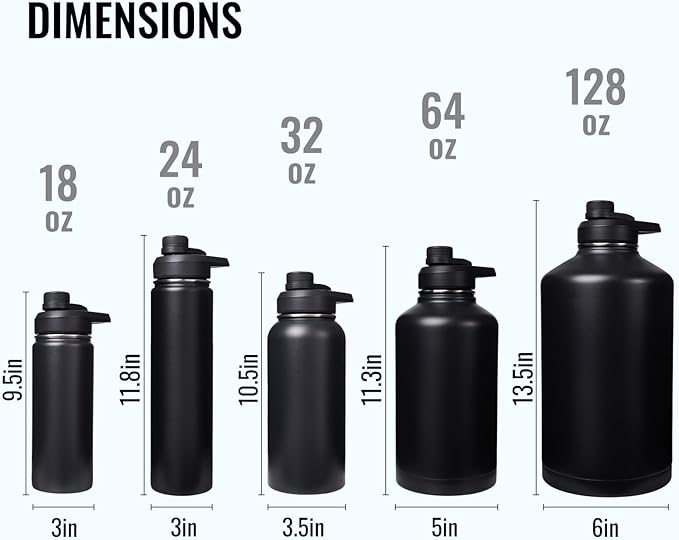 Gallon Water Bottle with 2 Lids (Straw & Spout), 304 Stainless Steel Water Jug with Handle and Wide Mouth, 1 Gallon Vacuum Double Walled Jug for Sports, Outdoors, Leak-Proof, Black 128 oz