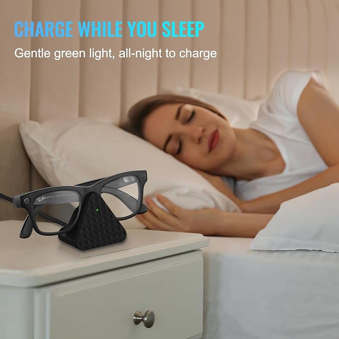 Smart Glasses Charging Stand Dock Compatible with Ray-Ban Meta Wayfarer, Headliner, Skyler, Renewed, Oakley Meta HSTN, Portable Smart Glasses Charger Dock with Charging Adapter (Black)