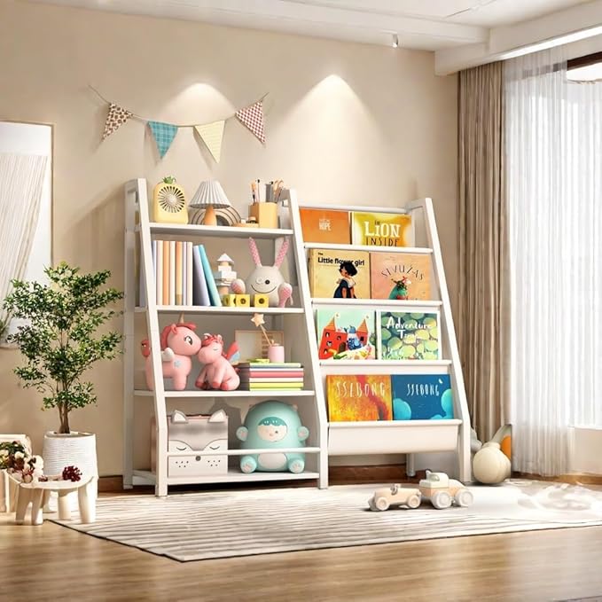 4 Tier Kids Bookshelf Toddler Bookshelf and Toy Storage Organizer, Bookcase Nursery Book Shelf for Bedroom, Playroom and Nursery, White
